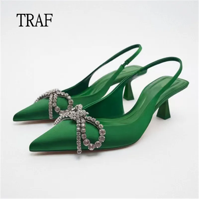 TRAF Green Heeled Sandals Woman Rhinestone Heels Summer 2022 Elegant
