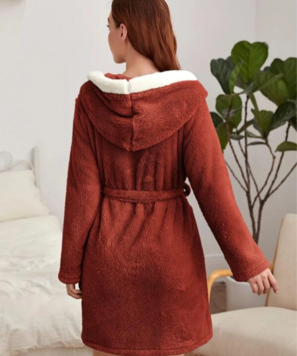 Women's Fall/Winter Hooded Bathrobe Fashion Simple and Comfortable Home Bathrobe Long Sleeve Color Contrast Thermal Bathrobe