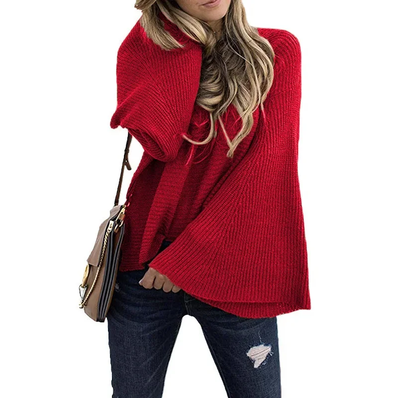 

Women's Flared Sleeve Knitted Sweater 2023 Autumn and Winter Fashion Women's Pullover Loose Casual Solid Color Sweater