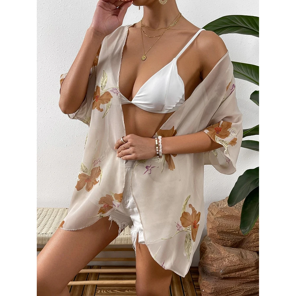 Swimwear Women Floral Print Sheer Chiffon Kimono Beach Cover Up New Fashion Women'S Top Boho Sexy Transparent Dress Shawl swimsuit cover up swimsuit coverup fishnet cover up