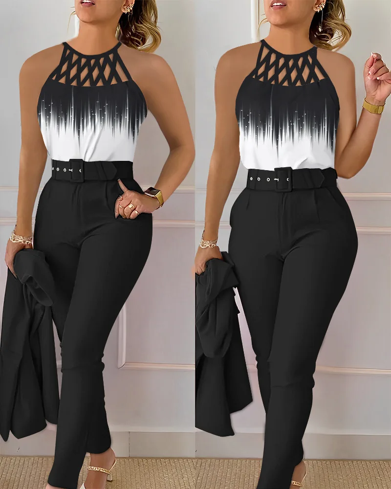 

Abstract Print Ombre Hollow Out Tank Top & Pants Set Women Fashion Casual Sleeveless Camis Tanks Tops High Waist Pants