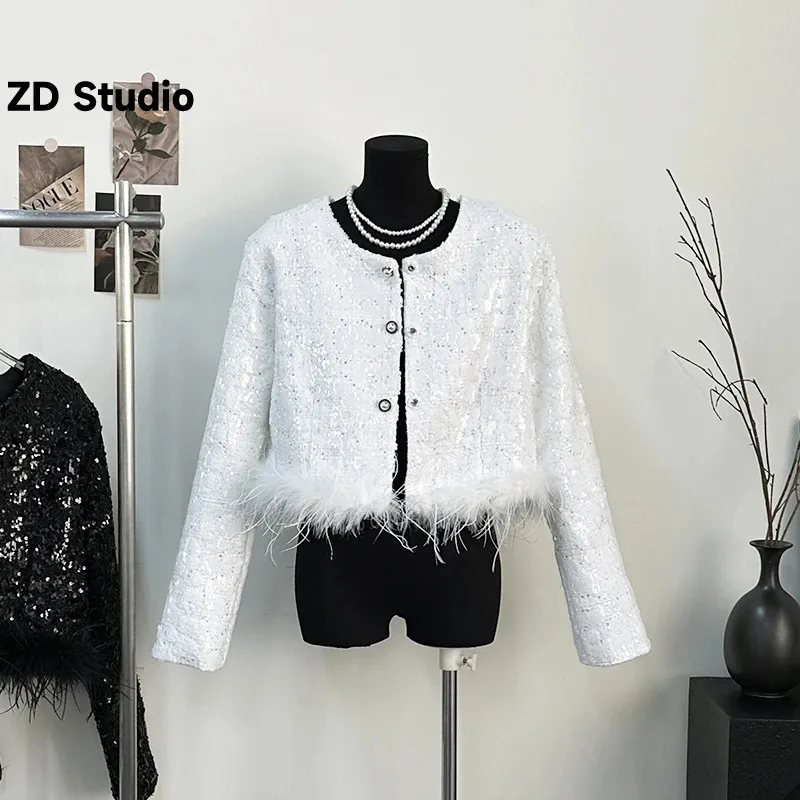 

[ZD Studio] New Spring 2023 Small Fragrance Style Celebrity Sequin Thick Tweed Fur Edge Short Coat Top