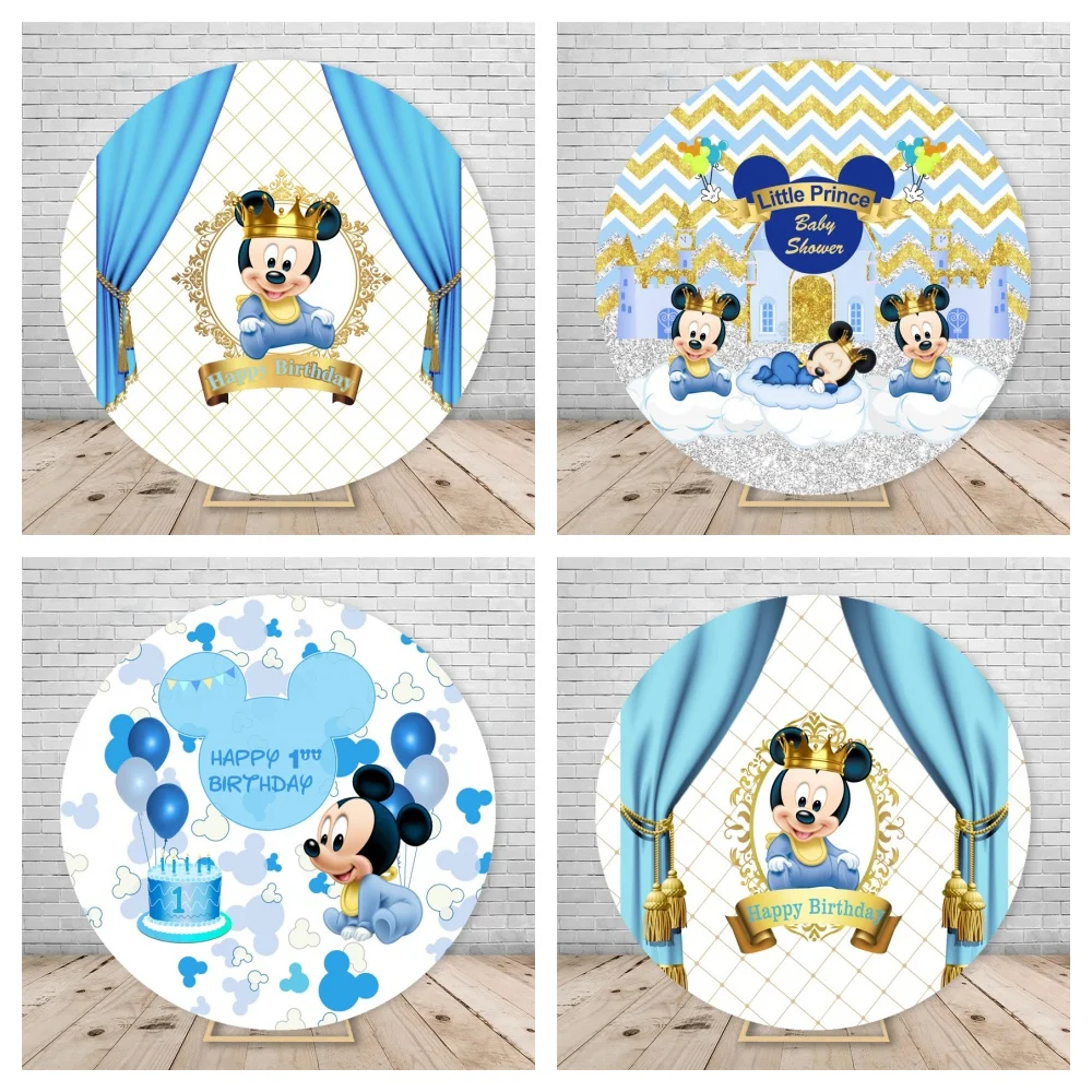 

Cartoon Mickey Mouse Blue Round Backdrop Kids 1st Birthday Party Decor Circle Photography Background Prince Baby shower backdrop