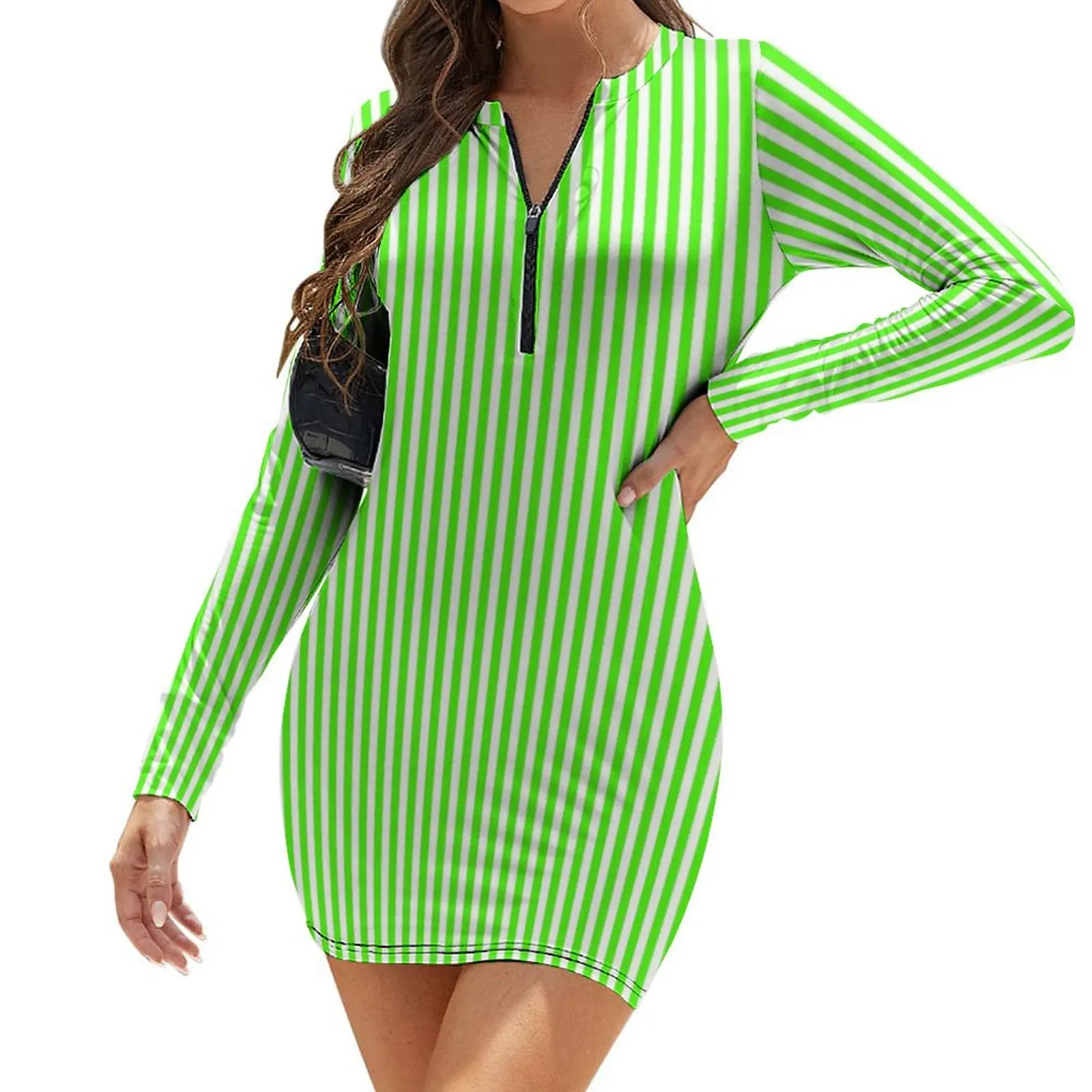 

Green and White Striped Slimming Dress Long-Sleeve Bodycon Dress Woman's evening dress Party dresses