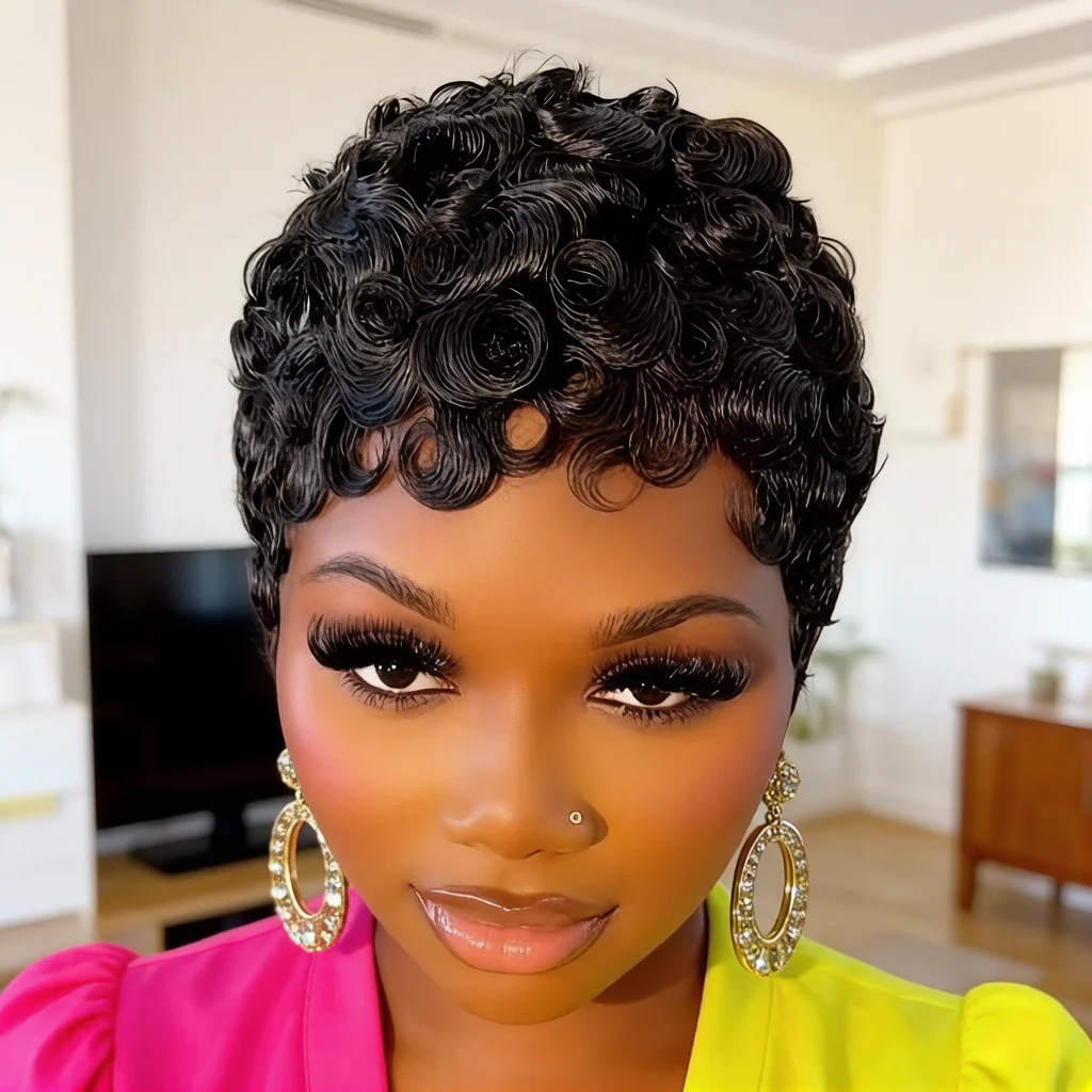 여성용 내추럴 컬러 짧은 웨이브 픽시 가발 (루즈 컬) - 100% 기계식 제작 180% 밀도 인모 가발, 데일리 착용에 적합