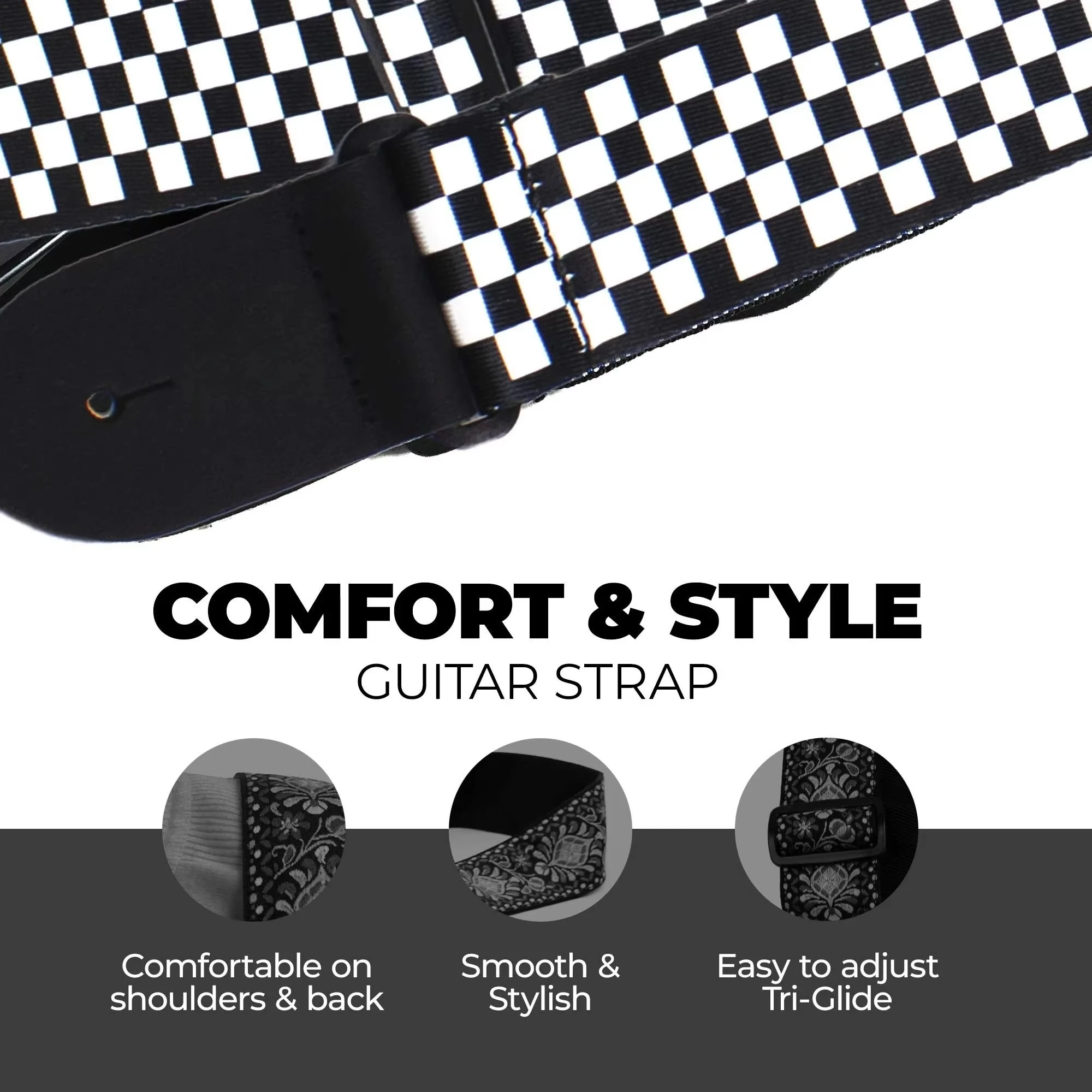 Black and White Checkered Adjustable Guitar Strap Set with Picks