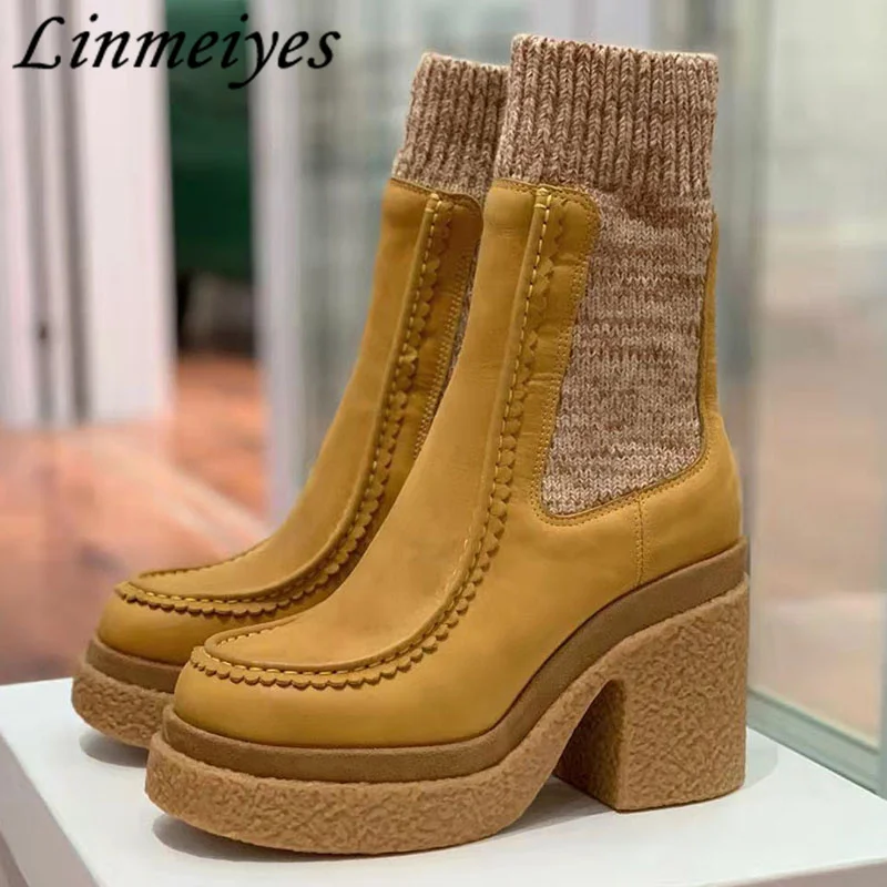

Platform Round Toe Elastic Boots Women Real Leather Thick Sole Ankles Boots Chelsea Boots Hot Sale High Heels Modern Boots Woman