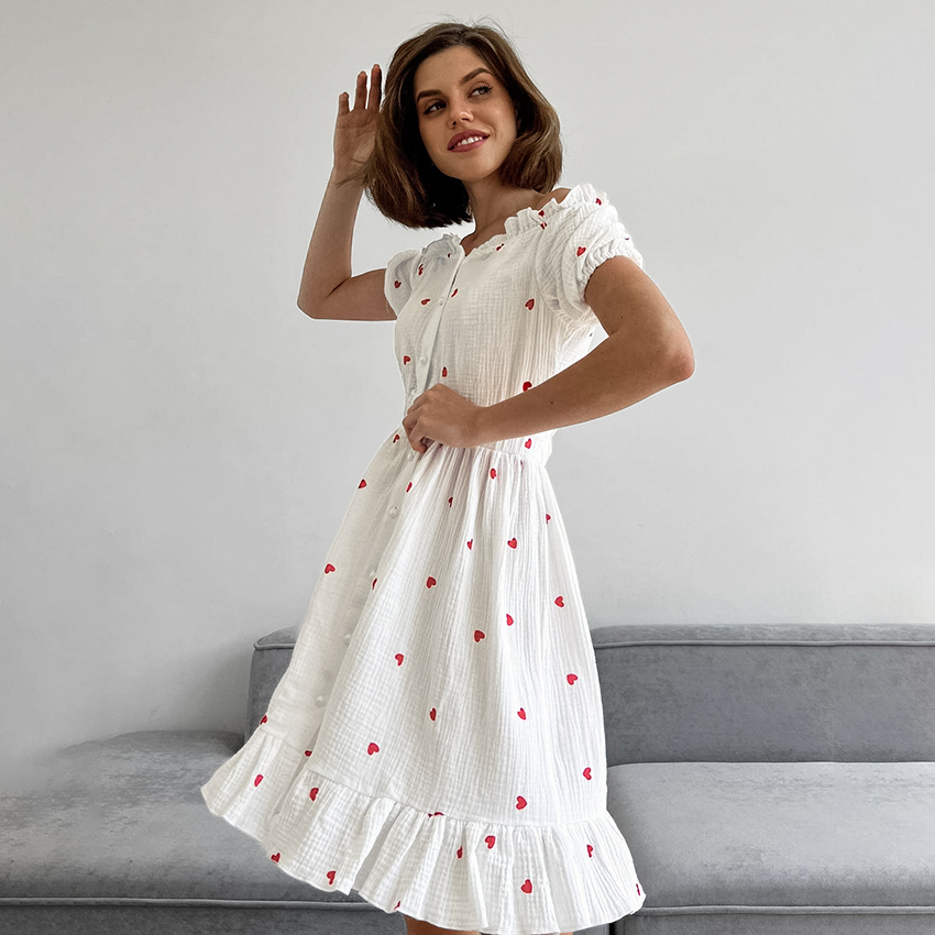 Linad Summer Street Chic Off The Shoulder Dress Sexy High Waist Heart Print Dresses For Women Casual A Line Dress Female 2025