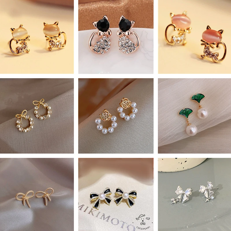 Crystal Stud Earrings Gold Color Bowknot Cube Square For Women