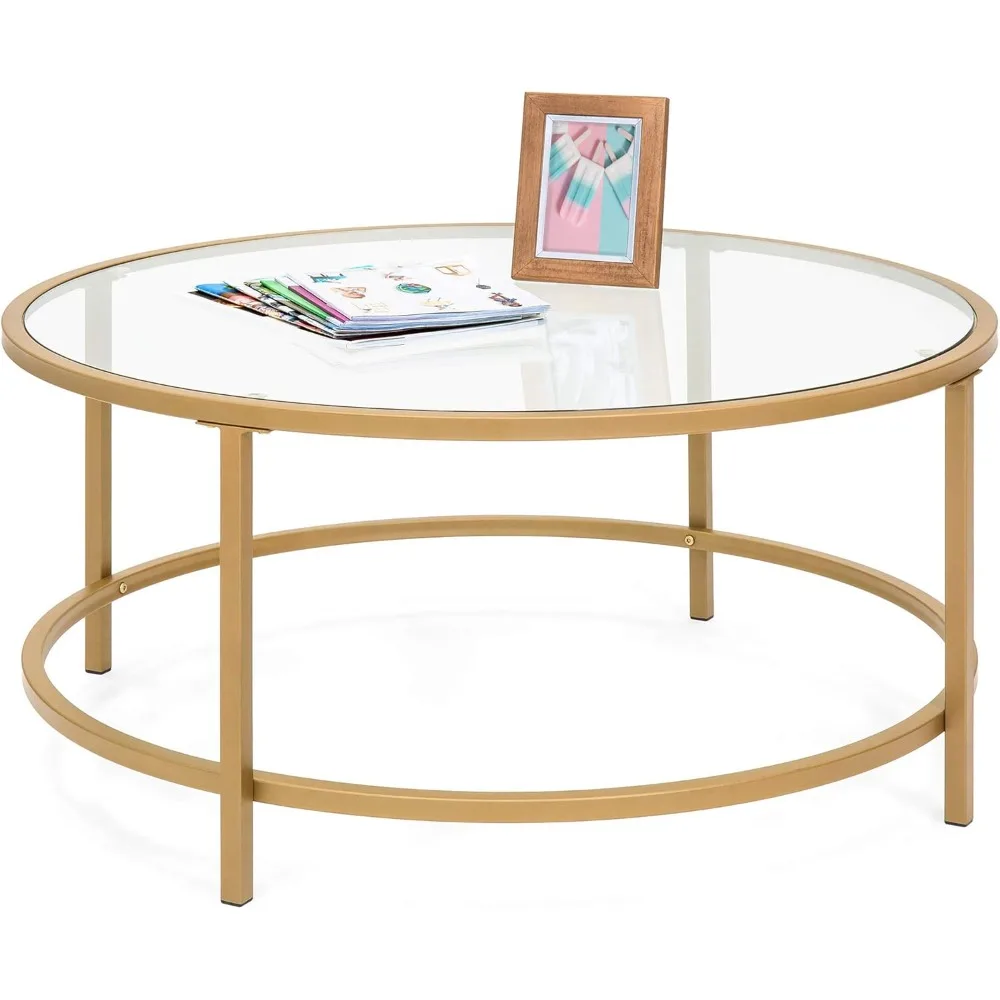 36in Modern Round Tempered Glass Accent Side Coffee Table for Living Room, Dining Room, Home Décor W/Satin Trim. Coffee Table 2