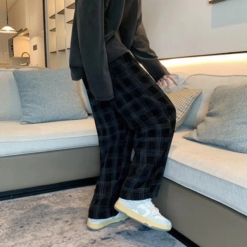 Men Checkered Casual Pants Loose Straight Corduroy Pants Sweatpants Man Fashion Streetwear 2024 Spring New Hip Hop Trousers