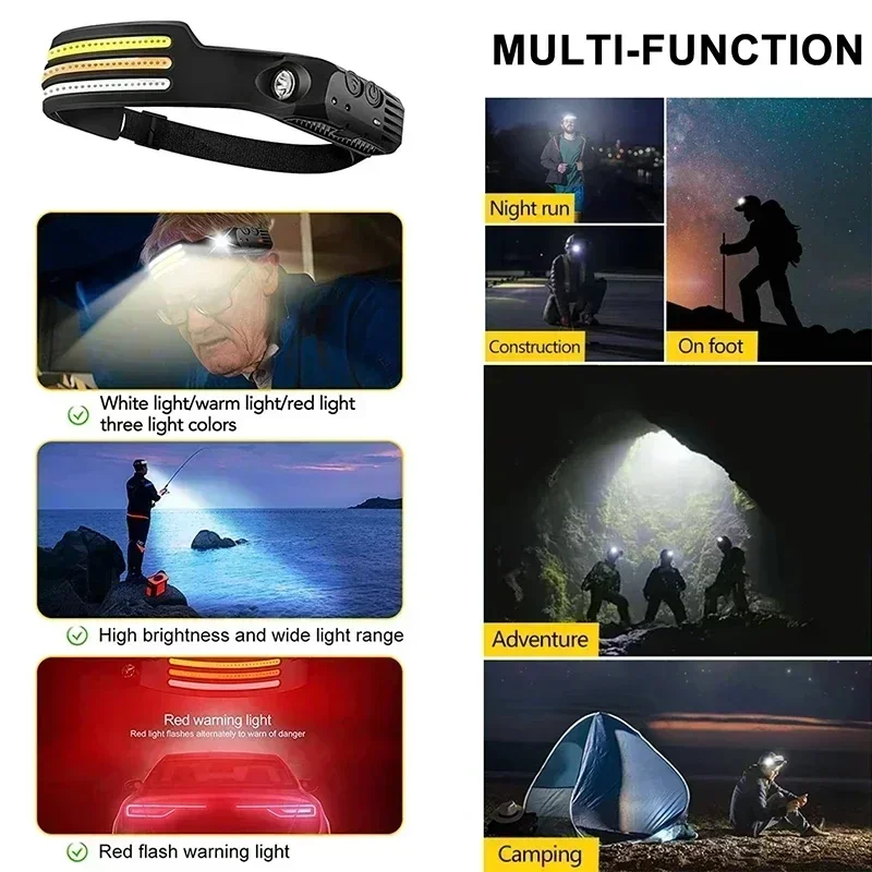 유도 LED 전조등 1200Mah 충전식 방수 경량 손전등 작업 하이킹 캠핑 러닝 휴대용 랜턴