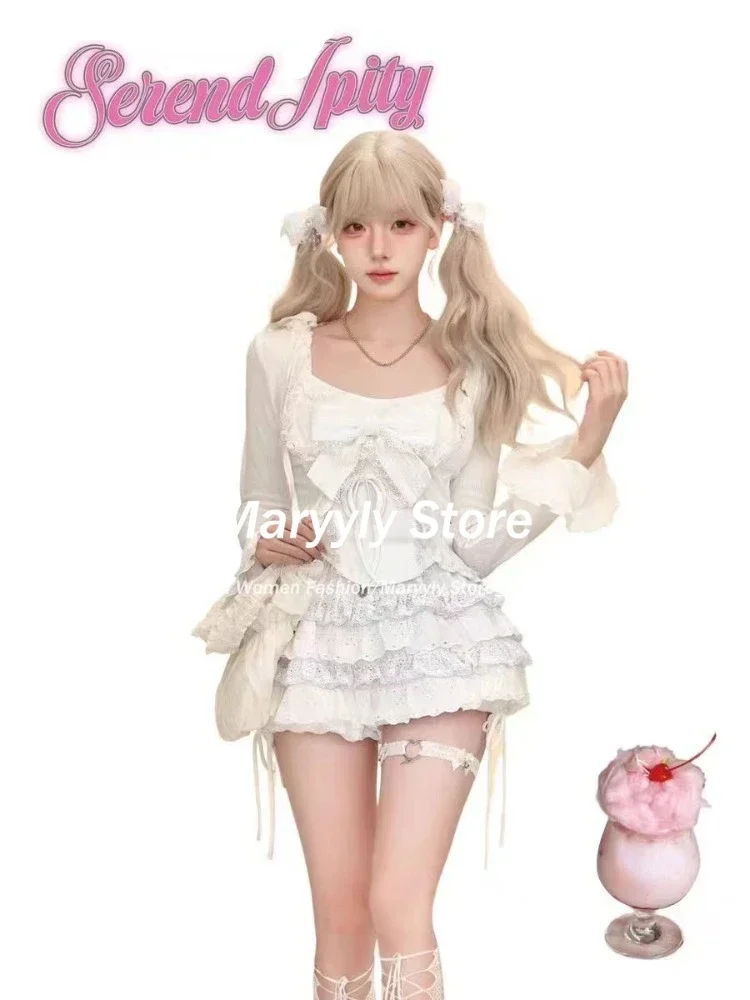 Autumn Winter New Elegant Sweet 3 Piece Sets Women Casual Y2k Cardigan Tops+ Cute Lace Bow Strap Vest+ Elastic Mini Cake Skirts 5