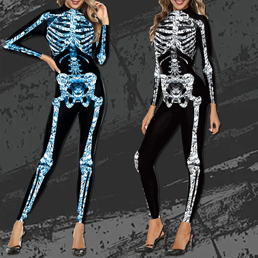 

Halloween Holiday Party Disguise Oufit Sexy Cosplay Costume Men Women Blue Skeleton Print Bodysuit Funny Stage Jumpsuit Catsuit