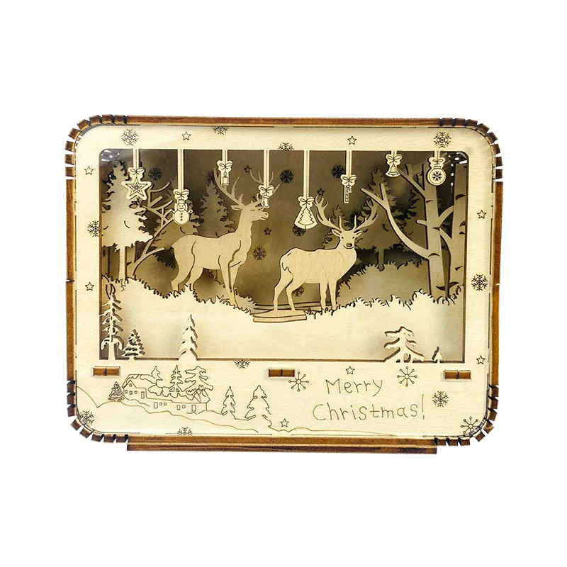 

3D Wooden Puzzle Christmas Glow Box Model Handmade DIY Assembly Toy Jigsaw Kids Model Building Kits Window Decorative Ornaments