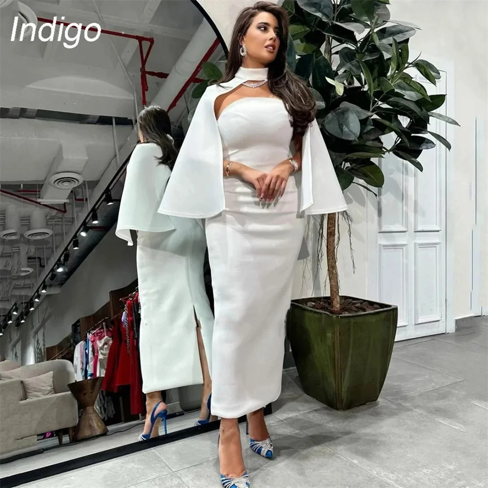 

Indigo Prom Dresses 2024 Mermaid High Collar Strapless Ankle-Length Satin Split Shawl Simple Evening Gowns For Women فساتين الس