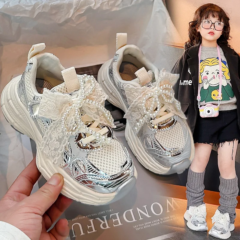 Girls Running Shoes with Sweet Mesh Bow Kids Sports Shoes Breathable 2025 New Fashion Children Sneakers Princess Style Cute 2