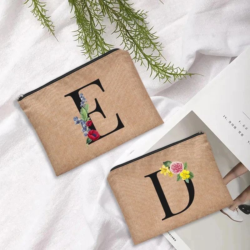 Floral Letter Print Women Linen Zipper Pouch Travel Organizer Case Mujer Bolsas Cosmetic Bag Makeup Bag  Bridesmaid Makeup Bags 3