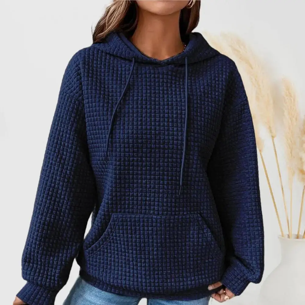 

Women Fall Spring Hoodie Solid Color Sweatshirt Hooded Waffle Drawstring Patch Pocket Loose Long Sleeve Pullover Hoodie