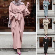 

Muslim Robe for Women Costumes Abaya Dress Solid Corset Long Sleeve Round Neck Middle East Arab Clothing Dresses Islam Clothing