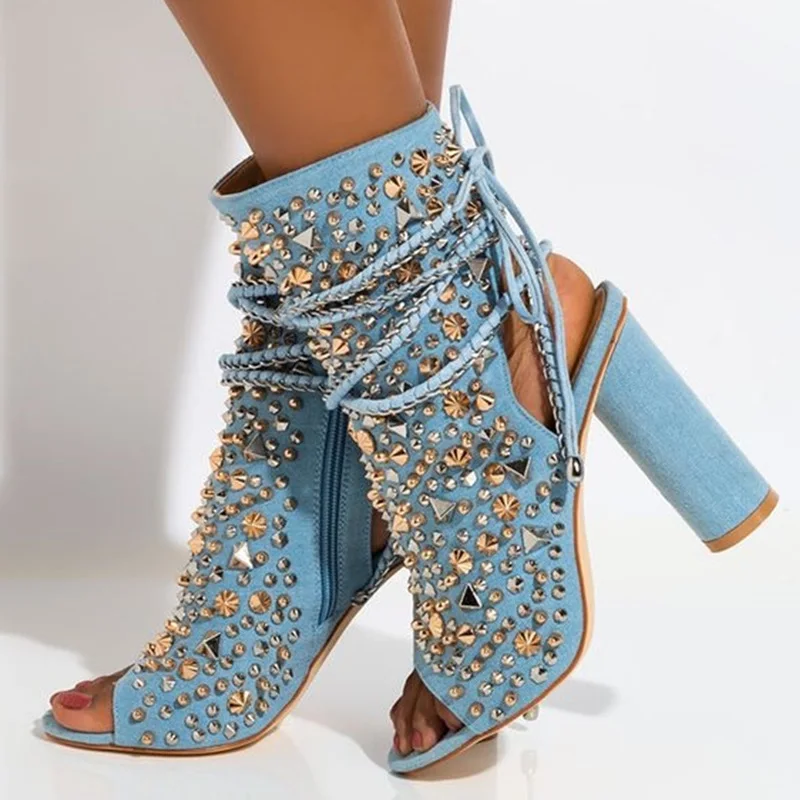 

Sexy Blue Denim Studded Ankle Boots Peep Toe Chunky Heels Lace-up Ridding Boots Hollow Gold Rivets Dress Shoes Drop Ship