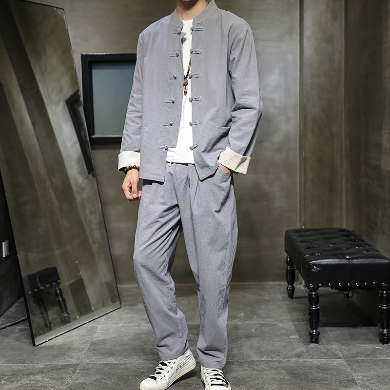 

Men's Clothing 2023 Men's Track and Field Set Sports Set Men's Clothing Chinese Cotton Linen Jacket+Pants Set Size 5XL-M