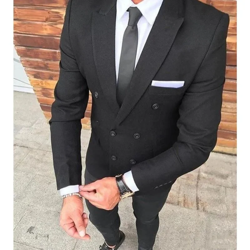 

Black Men's Suits Slim Fit Double Breasted Regular Length Flat Skinny 2 Piece Jacket Pants Chic Costume Homme Party Outfits