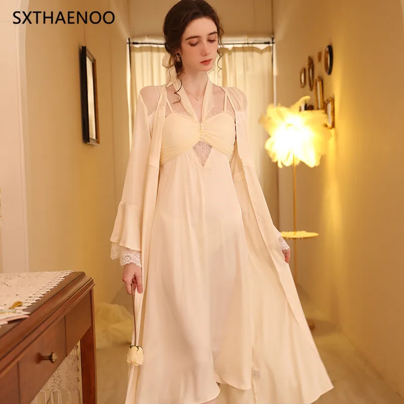 

SXTHAENOO Spring Autumn Apricot Nightdress Pajamas For Woman Ice Silk Sling Lace Sleepwear Nightgown Robe Suit пижама женская