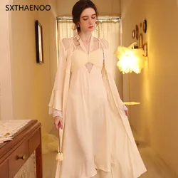 SXTHAENOO Spring Autumn Apricot Nightdress Pajamas For Woman Ice Silk Sling Lace Sleepwear Nightgown Robe Suit пижама женская