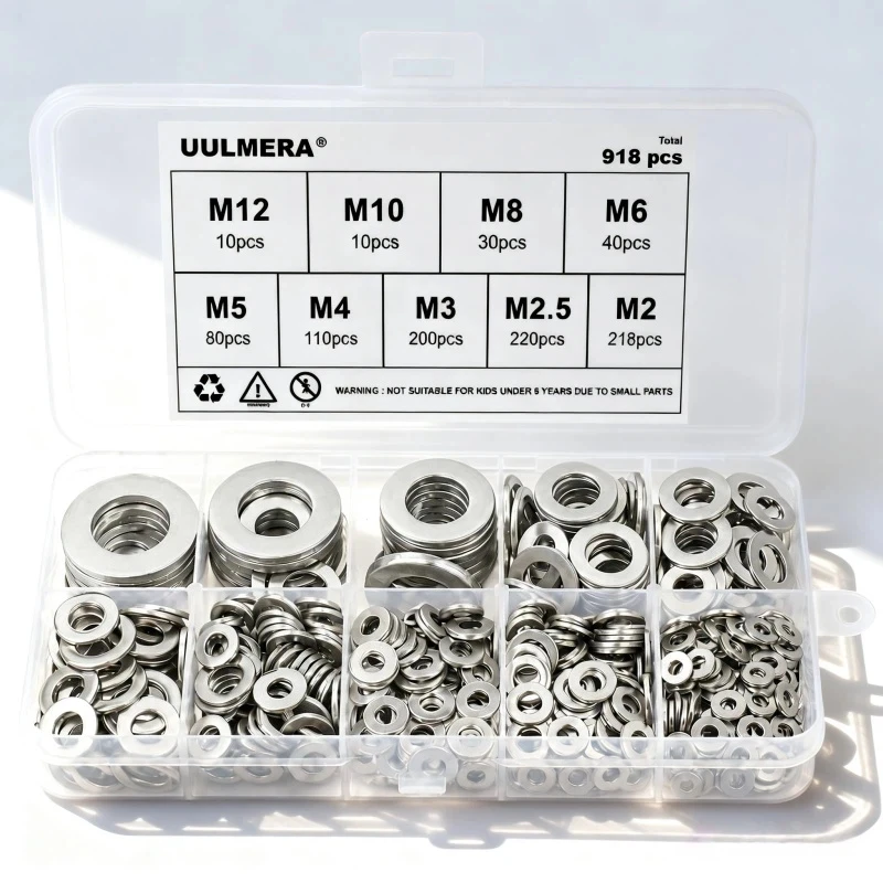 Stainless Steel Flat Washers Assortment Kit - 918 Pieces