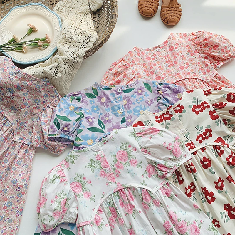 Girls Floral Print A Line Summer Dress