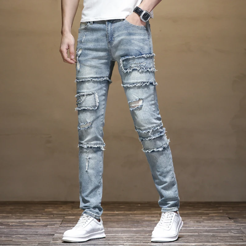 2024New Retro Distressed Ripped Jeans Men's Patch Stretch Slim Fit Stitching Straight Nostalgic High Street Motorcycle Pants