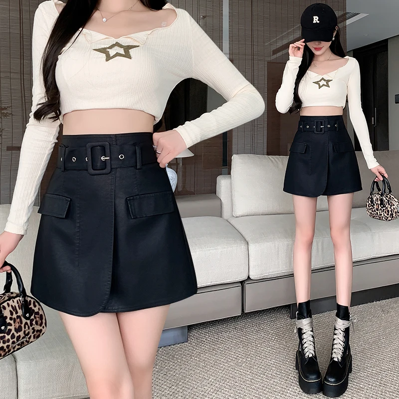 

Autumn Ladies Short Skirt With Slit New Arrival 2023 Winter Belt High Waist Irregular A-line Mini Skort PU Faux Leather Saias