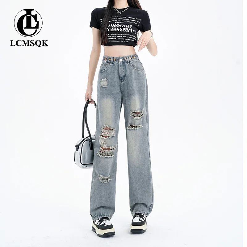 

Vintage Jeans Woman High Waist Women's Pants Female Clothing Korean Fashion Streetwear Straight Leg Jeans Y2k Denim Clothes Blue