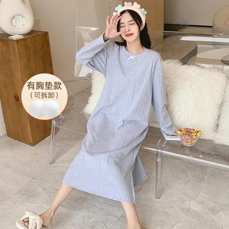 

Пижама с длинным рукавом и накладкой на грудь, женская пижама из чистого хлопка, в стиле принцессы, средней длины, Свободная Домашняя одежда большого размера