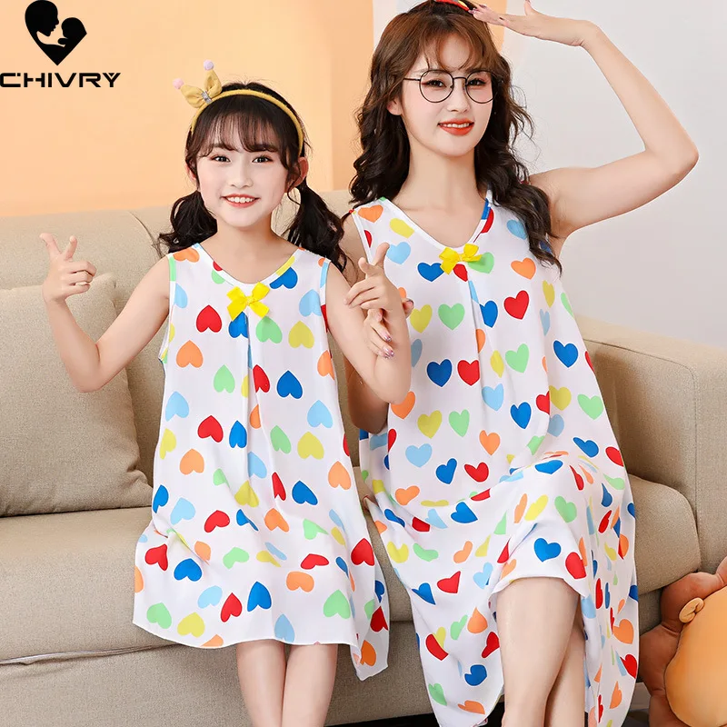 New Mother Daughter Summer Nightdress Sleeveless Cartoon Heart