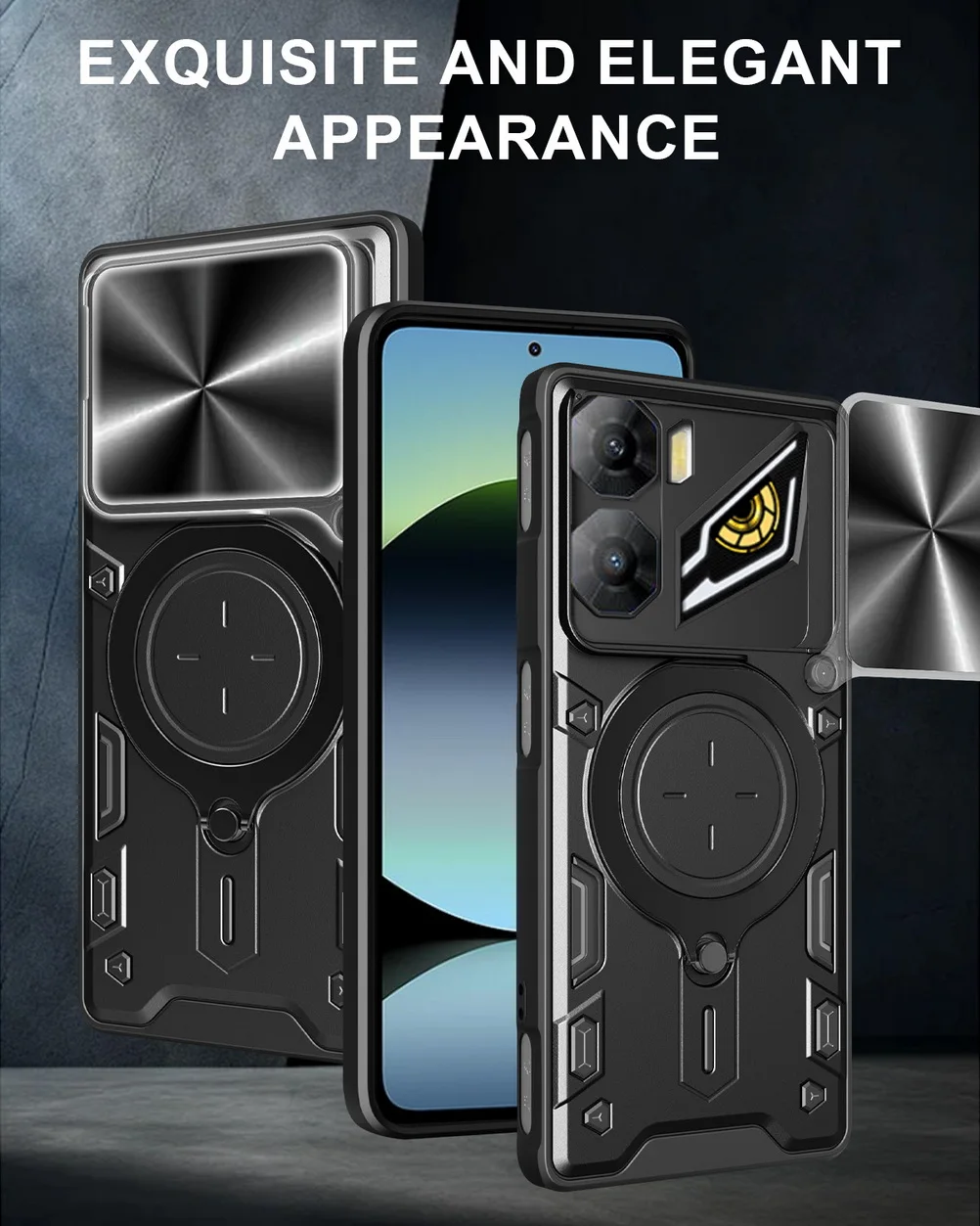 Enhanced Metal Ring Camera Protect Case with Rotating Holder and Armor Hybrid Design