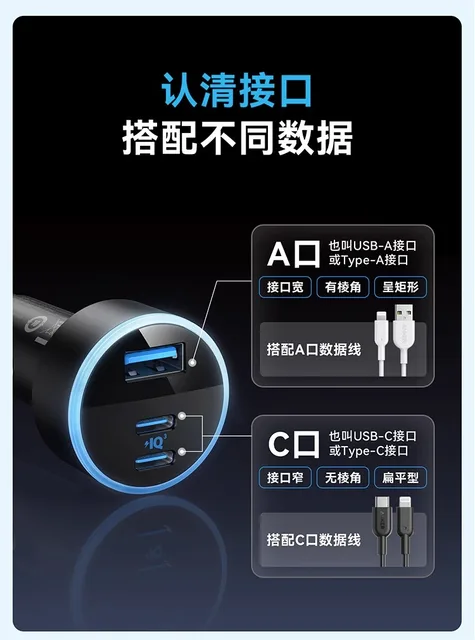 Original Anker 335 Car Charger Total 67W 3 Ports with LED Light