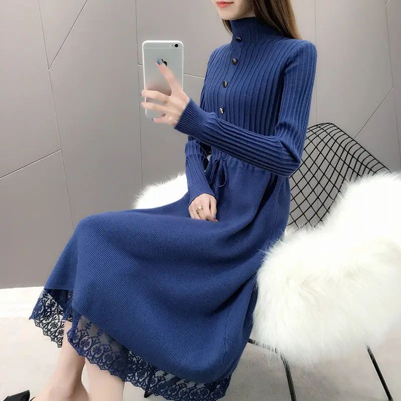 

Autumn Fashion Plus Velvet Thick Mid Length Knitted Dress Women's Lace Loose Half High Neck Knitted Sweater Dress Streetwear
