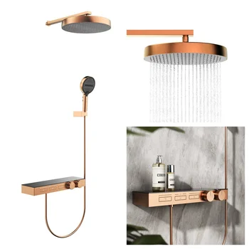 ก๊อกน้ำฝักบัวแบบเทอร์โมสตัทสีโรสโกลด์ ก๊อกน้ำฝักบัวแบบเรนชาวเวอร์สีเทาทองเหลืองติดผนัง ก๊อกน้ำฝักบัวสำหรับอ่างอาบน้ำ 2