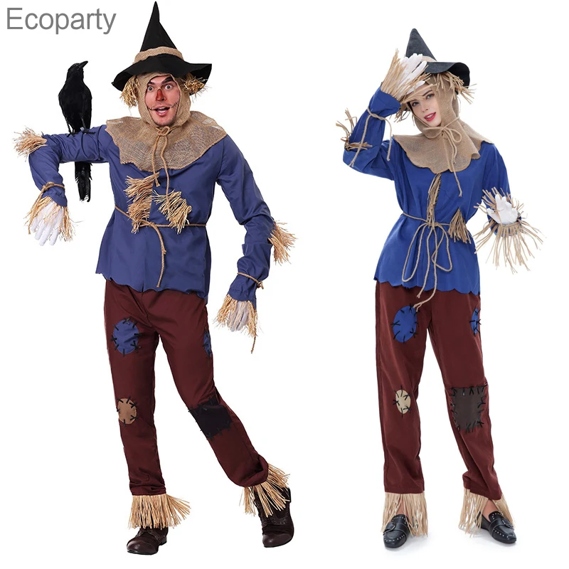 

New Halloween Scarecrow Cosplay Costume Man Women Blue Long Sleeve Top Trousers Set Carnival Party Roleplay Fancy Outfits
