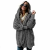 Autumn Winter Double Fleece Cardigan Jacket Women Solid Color Long Sleeve Plush Warm Hooded Lady Jacket Oversized Outerwear Coat 5