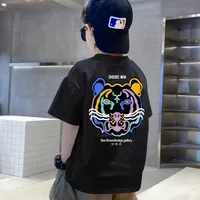 Boys 100% Cotton T-shirt Summer Cartoon Graffiti Lion Printed Girls Tees Short Sleeve Children Tops High Quality Kids Clothes 1