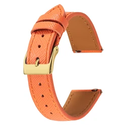 Sleek Tapered Saffiano Leather Quick Release Watch Strap - 22mm (Orange gold buckle)