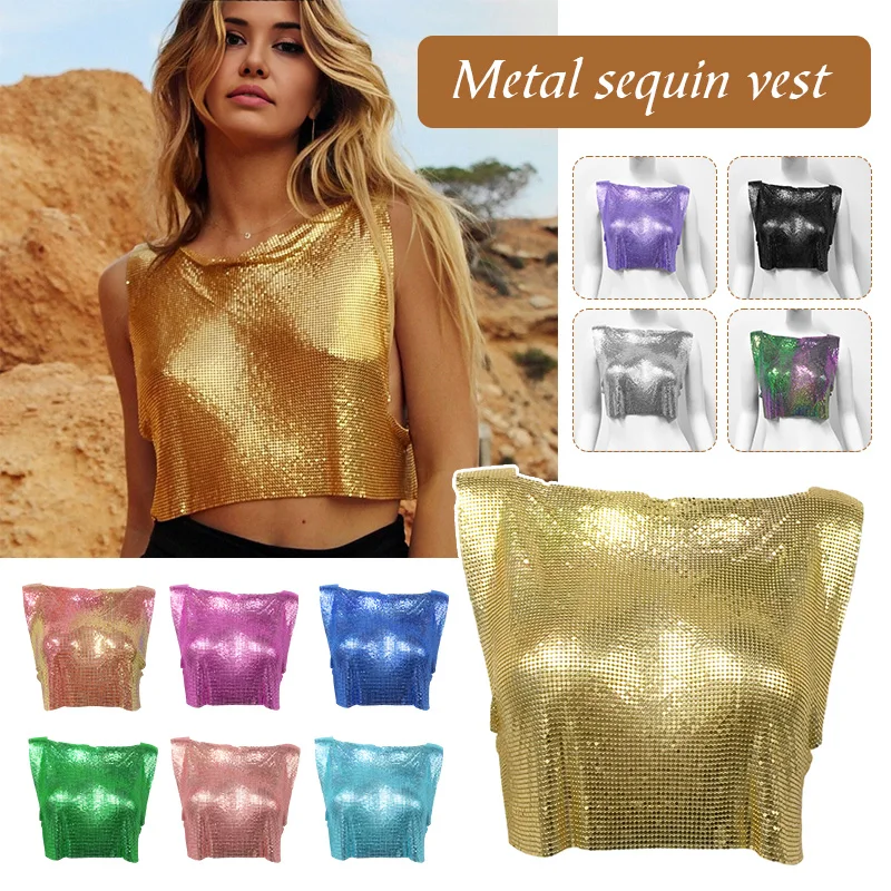 

Colorful Shining Metallic Glitter Crop Tops Music Festival Rave Outfits Nightclub Style Diamonds Vest Spice Girl Backless Tank