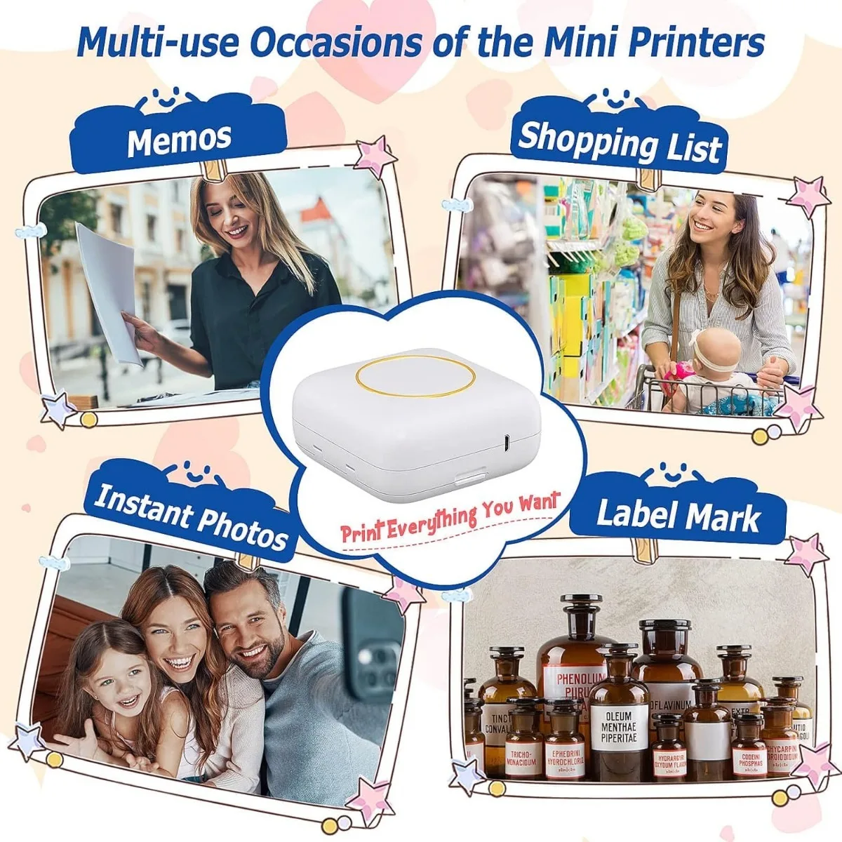 Wireless Mini Thermal Printer - Portable Label Maker, 200dpi High Resolution, USB Rechargeable, App Connectivity, No Ink Needed