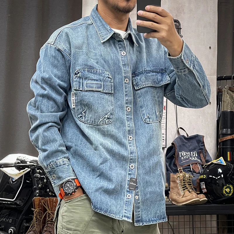 Denim Shirt Long Sleeved Shirt Spring and autumn American vintage heavy wash vintage color pocket loose for men