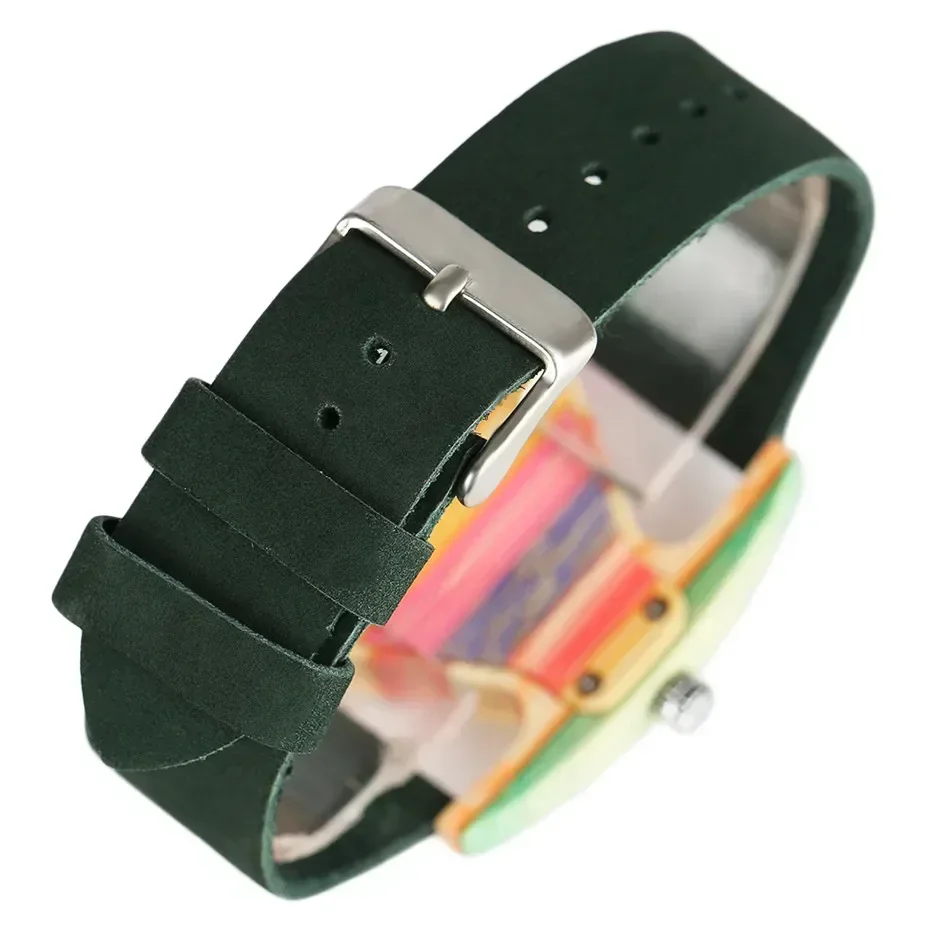 Unique Triangle Women's Wood Watch Creative Colorful Lady Green/ Red Genuine Leather Wristwatch Elegant Womens Watches Top Gifts 6