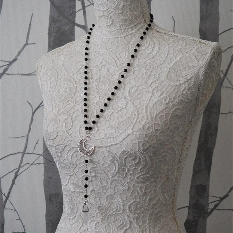 

Gothic Moon Rose Charm Necklace Mysterious Witch Jewelry Accessories Pagan Gifts Fashion New Moon White Crystal Choke Ring