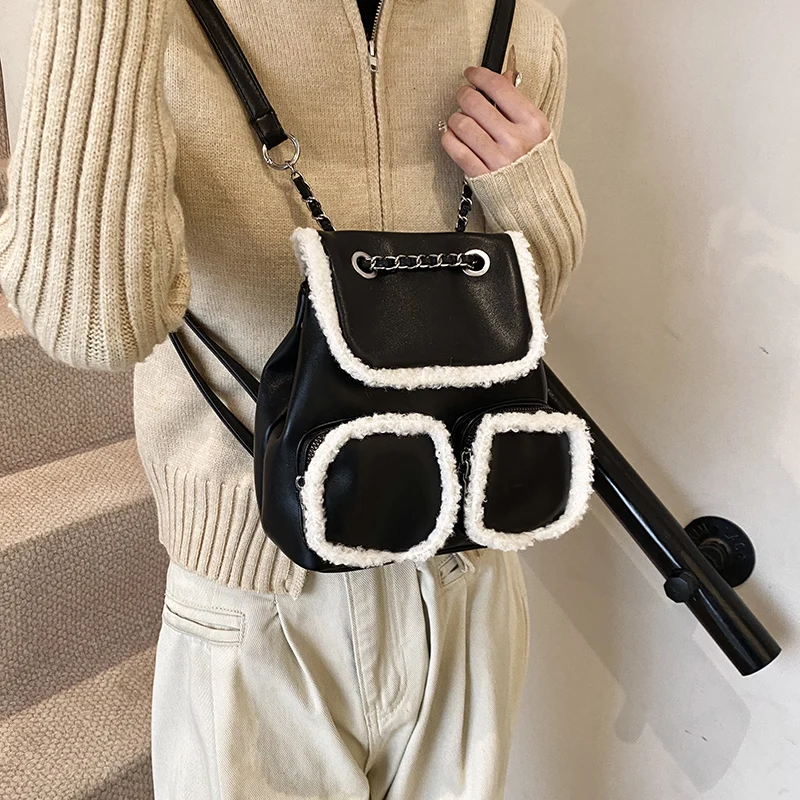 Kleine Doppeltaschen Umhängetaschen für Frauen 2024 Winter Pelz Spleißen Leder Rucksack Mode Anti-Diebstahl Casual Reise Rucksack – Detail 20